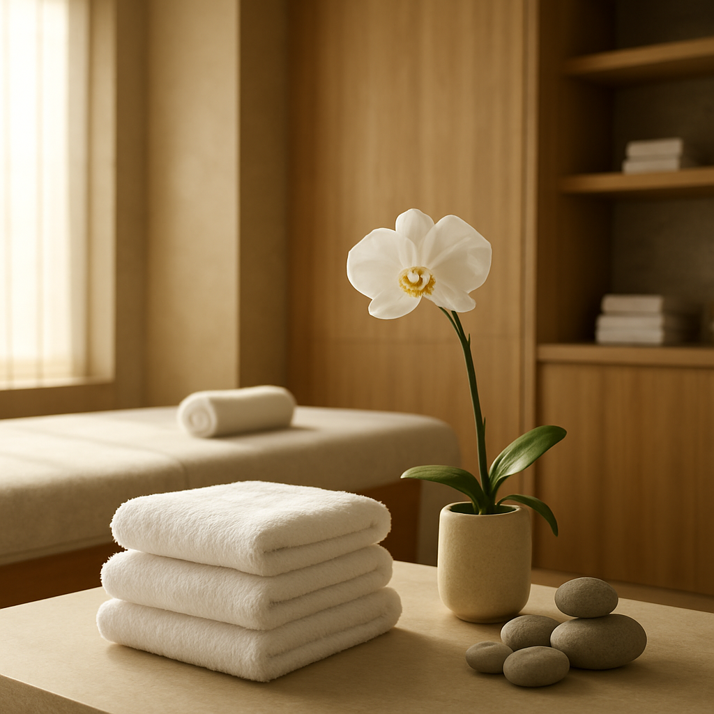 Calm, premium spa interior with soft natural lighting